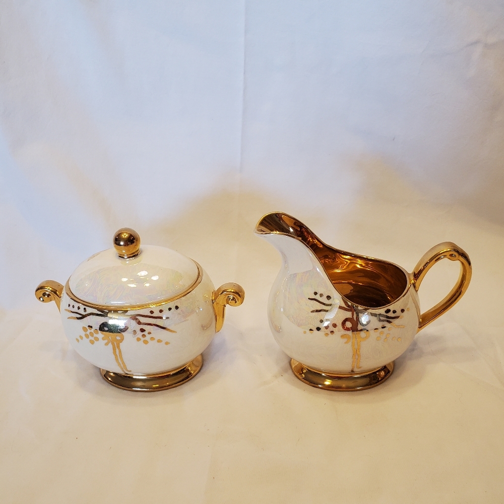 Crown Potteries Vtg 353 Iridescent and Gold Trim Sugar & Creamer Set